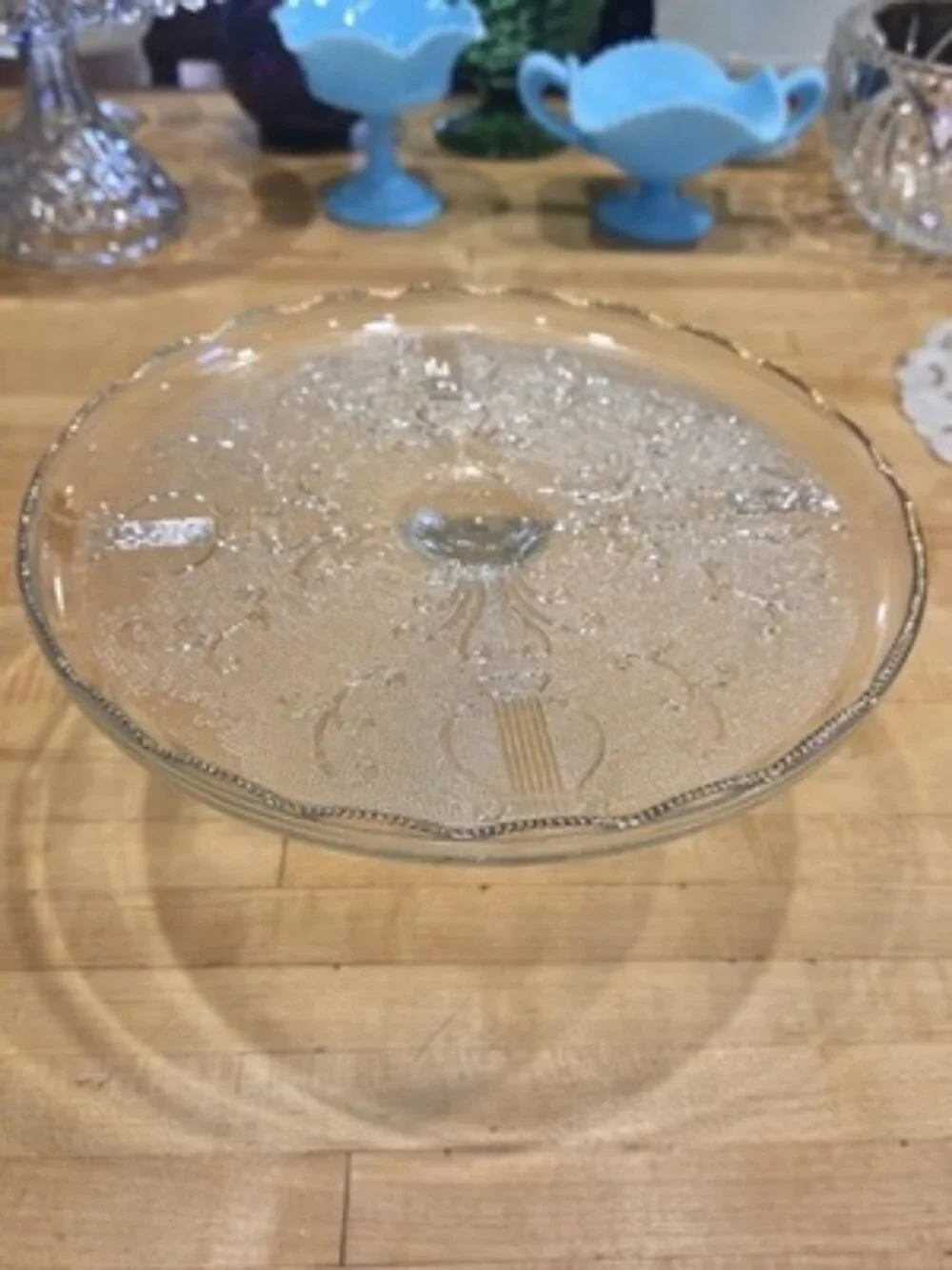 Vintage Jeannette Glass Harp Lyre Pedestal Cake Stand Gold Trim 10 Inch 1950s